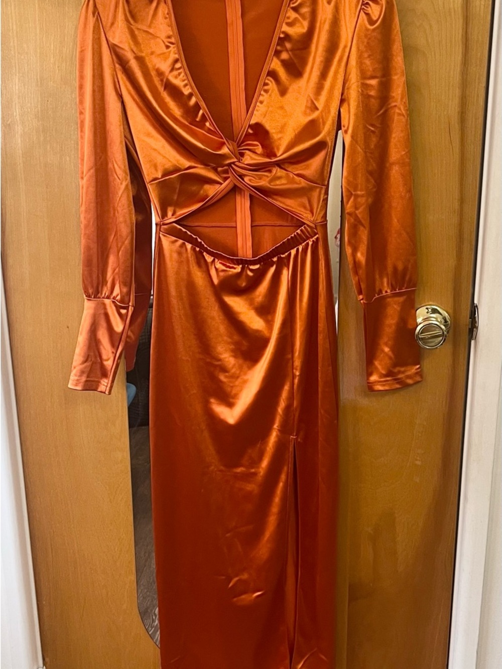 SHEIN Size 2 Orange Satin Crop Top Open Belly Dress Long Sleeves with Side Split